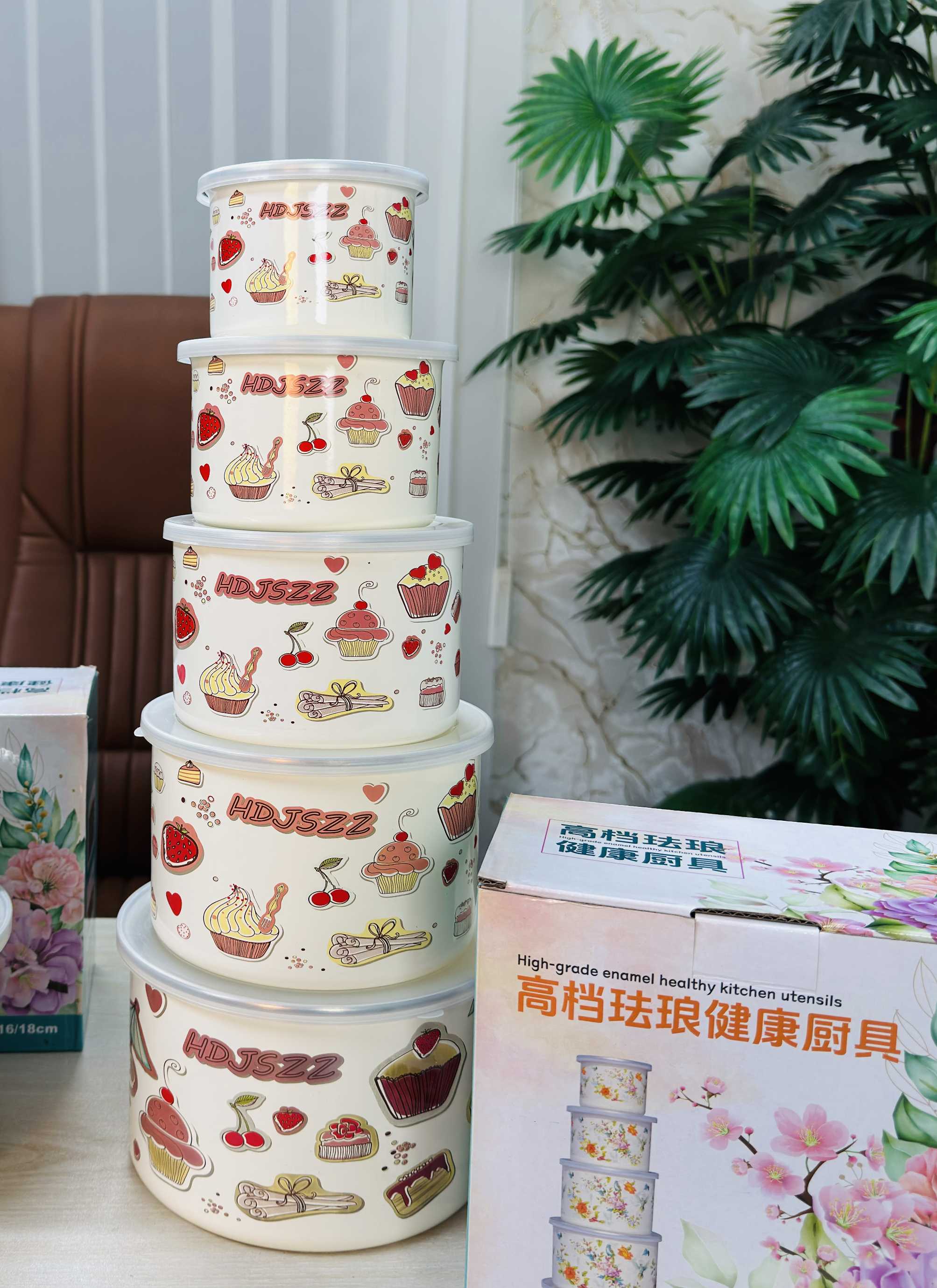 5-Piece Enamel Bowl Set with Lidsv Big blue pint DH 103