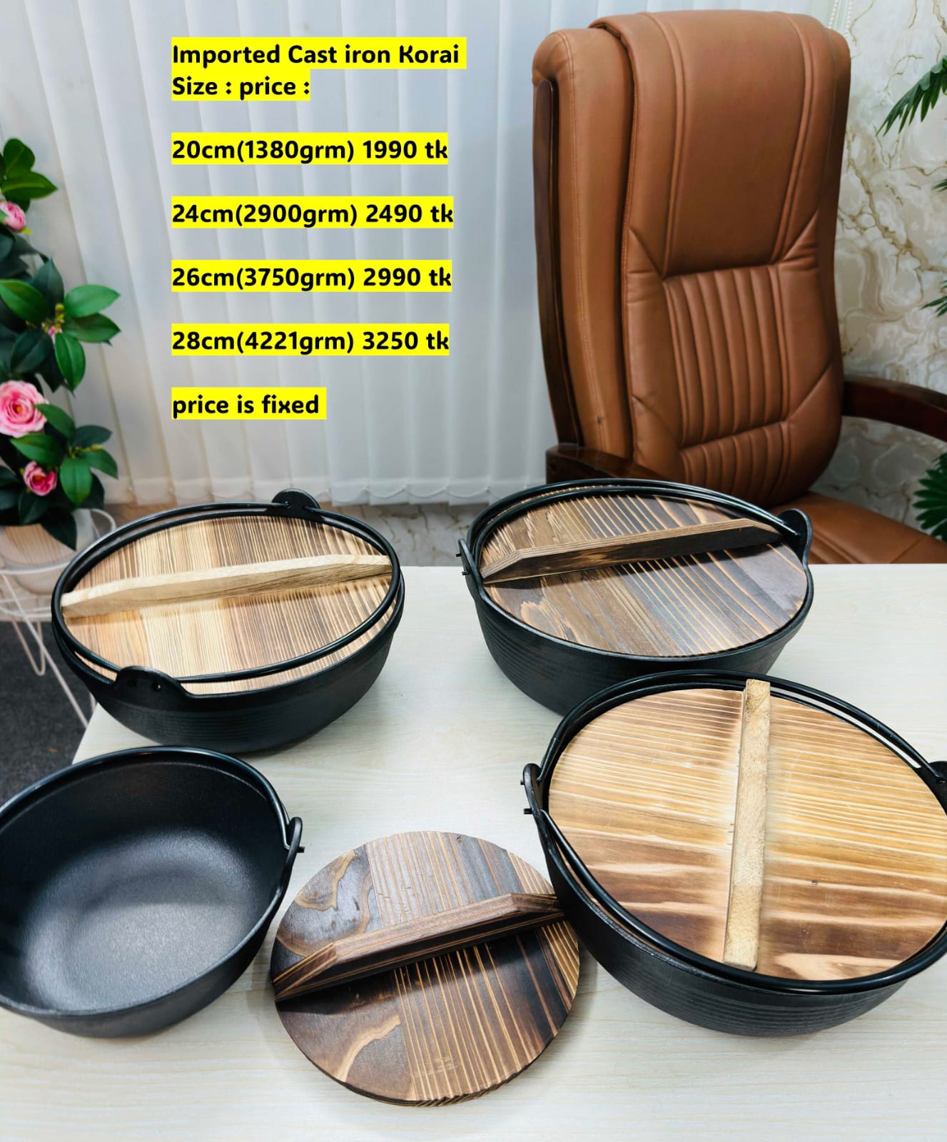 China Imported Cast Iron korai wooden lid New Handle