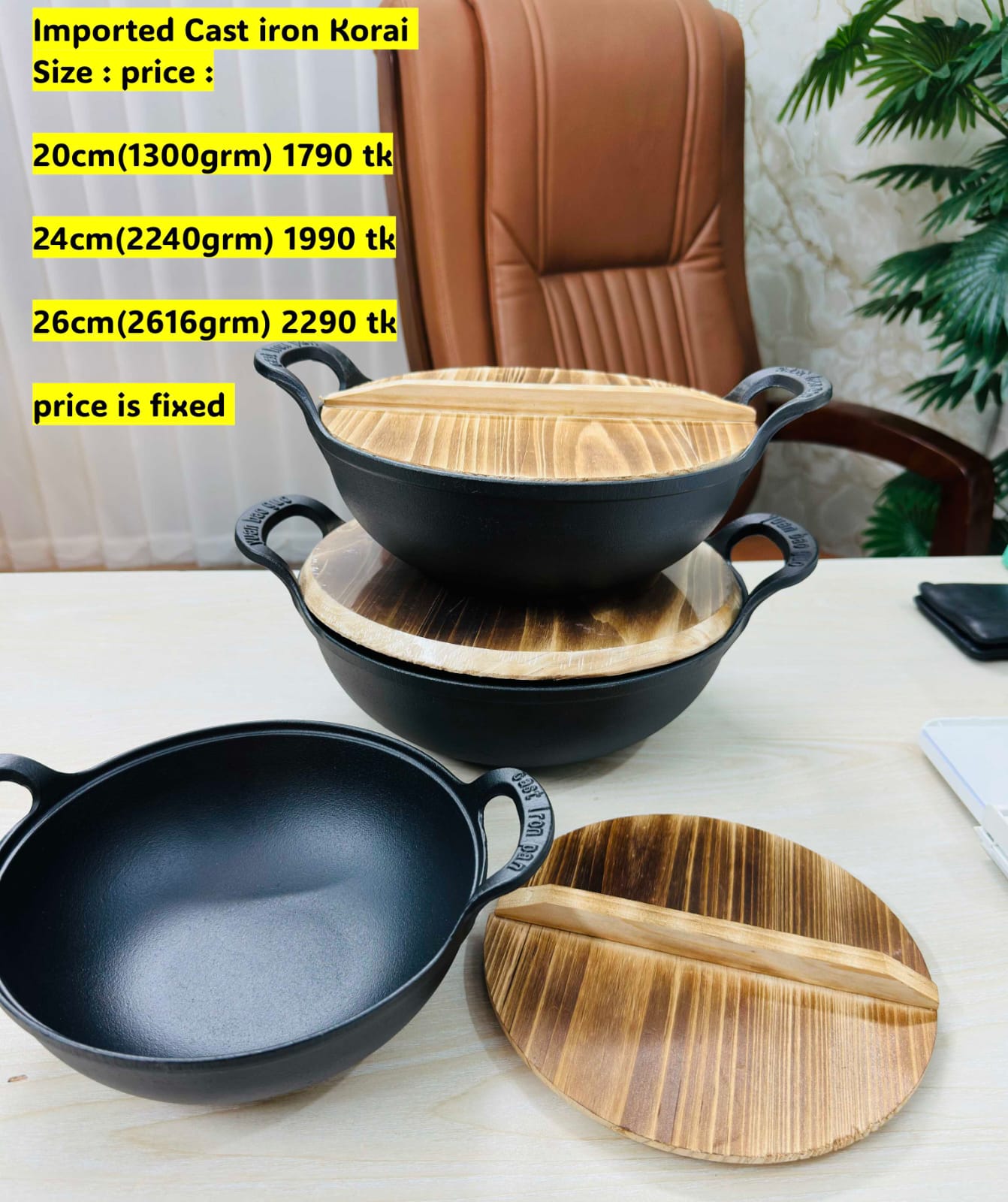 China Imported Cast Iron korai wooden lid Regular Handle